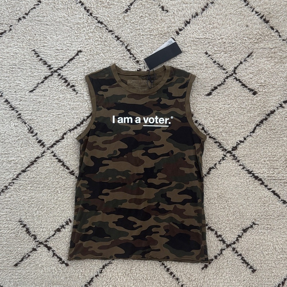 Nili Lotan Green Camouflage Muscle Tee, “I am a voter.”, size M